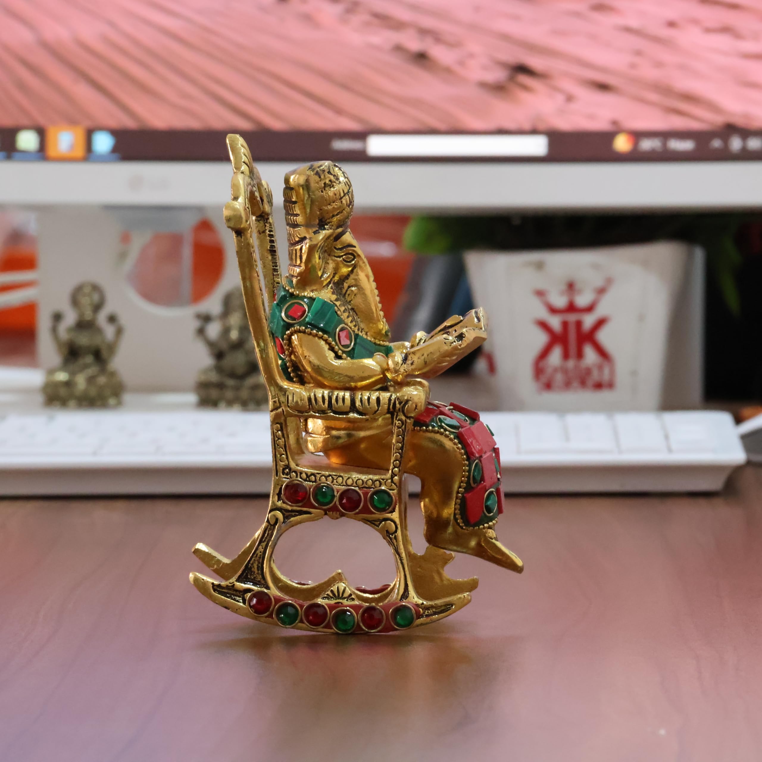 Kridaykraft Chair Ganesha Ji Reading Book With Stone Work,Ganesha Metal Statue,Ganpati Murti Idol For Pooja & Home,Office Dcor G